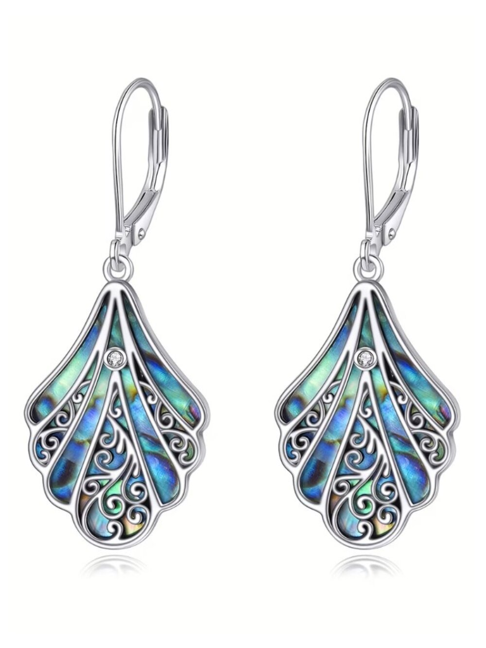 S925 Silver Abalone Shell Dangle Earrings Filigree Traditional Balinese Design